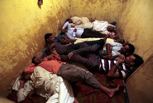 People sleeping inside a bunker in forward village of Abdullian in RS Pura sector on Thursday. More pics on page Nos. 6, 7 & 10.— Excelsior/Rakesh