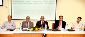 Speakers on dais during seminar at SMVDU on Thursday.