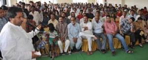 Minister for Housing, Raman Bhalla addressing public gathering at Trikuta Nagar on Saturday.