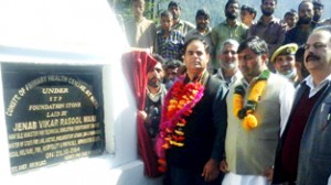 Minister of State for Technical Education, Vikar Rasool laying foundation stone of PHC building on Monday.