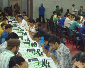 Chess players in action during ongoing J&K Police FIDE Rating ChessTournament at MA Stadium in Jammu. -Excelsior/Rakesh