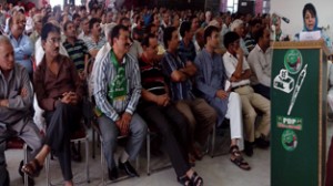 PDP president Mehbooba Mufti addressing Kashmiri migrants in Jammu on Sunday.