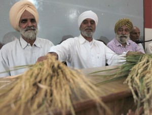 Members of Basmati Rice Growers Association, RS Pura during a press conference at Jammu on Monday. —Excelsior/Rakesh