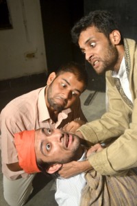 A scene from the play ‘Topian’, staged by Natrang on Sunday. 