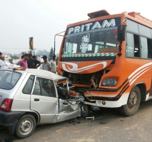 Ill fated vehicles after accident at Nagrota in Jammu.