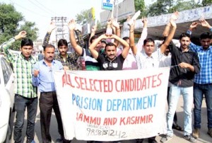 Excelsior Correspondent JAMMU, Oct 27:  Continuing their struggle for seeking early release of final selection list, which has been pending for the last 4 years, the shortlisted candidates for the post of Jail Warder in Department of Prison today staged a protest demonstration in support of their long pending demand.   Led by Ashwani Kumar, the aggrieved candidates raised slogans against the Government and in support of their demand. They appealed the Principal Secretary Home and DG Prison to personally look into the matter for getting the pending list released. Reiterating their resolve to continue the agitation, the protesting candidates warned the Government not to test their patience and demanded release of the list as soon as possible. Ashwani Kumar informed that 41182 unemployed youth had applied for the post in 2005 and 1247 of them were shortlisted for the interview, which was held in the month of September 2010. However, even after more than four years, the final selection list is yet to be released, he added. The selected candidates urged the Chief Minister, MoS Home, Principal Secretary Home, and Director General Prison to personally look into the matter and release the list at an earliest. "No recruitment has taken place in the Department of Prison since 1995 and there are over 2000 vacancies, but the State Government is still delaying the final selection of the candidates," said protestors.