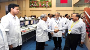 Union Minister Dr Jitendra Singh being individually introduced to each member of the ISRO team by ISRO Chairman Dr K. Radhakrishnan after the successful PSLV-C26 launch at Sriharikota in the early hours of Thursday morning.