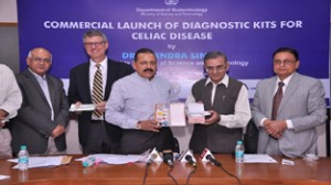 Union Minister, Dr Jitendra Singh launching first indigenously developed diagnostic test kit for intestinal disorder "Celiac disease" in New Delhi on Wednesday.