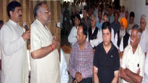 Avinash Rai Khanna addressing BJP office bearers at Jammu on Sunday. -Excelsior/Rakesh