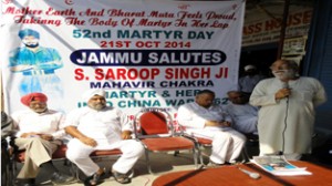 Speaker expressing his views during ‘52nd Martyr Day’ function of Sarup Singh at Jammu.