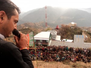 R S Pathania, BJP candidate addressing a public meeting in Ramnagar on Wednesday.