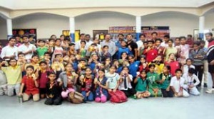 Winners of various events of 3rd J&K Rope Skipping Championship posing along with chief guest and other dignitaries in Jammu.