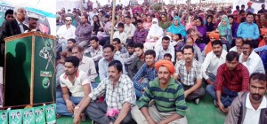 PDP patron Mufti Mohammad Sayeed addressing a public meeting at Sidhrah in Nagrota Assembly segment on Sunday.