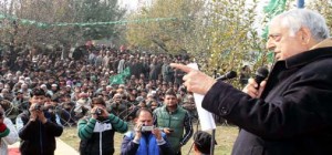 PDP patron Mufti Sayeed addressing a public meeting at Rajpora constituency in Pulwama on Tuesday.