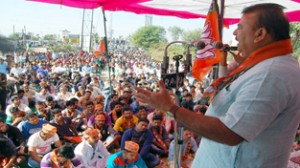 Chander Prakash Ganga, BJP candidate addressing people in Vijaypur on Sunday.