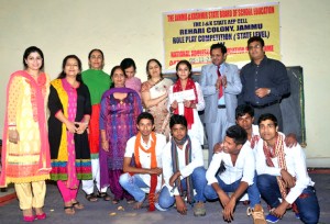 Winners posing along with the dignitaries during programme on Adolescence Education conducted by J&K BOSE in Jammu.