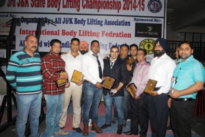 Bodylifters being felicitated during valedictory function of State Bodylifting Championship.