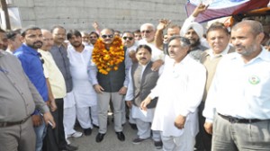 PDP leader Vikramaditya being received by party workers at Bari Brahamana on Thursday.