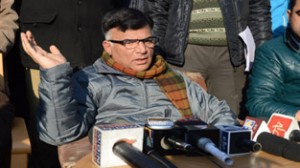 Dr Mehboob Beg addressing a press conference on Sunday.