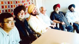 President, State unit of Akali Dal, Gajan Singh along with other Sikh leaders during a press conference at Jammu on Wednesday.