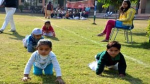 Children performing sports activity during Annual Sports Day at GLS Public School in Jammu.