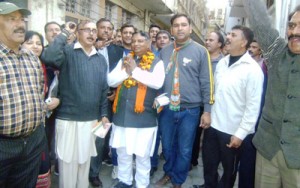 Sat Sharma during campaigning in Jammu on Wednesday.