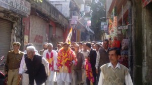 Congress candidate Ravinder Sharma taking out election rally in Nowshera town on Tuesday. 