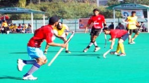 Players in action during quarterfinal match of 2nd Sant Gurbaksh Singh Danna Memorial Hockey Tournament at KK Hakhu Stadium in Jammu.        -Excelsior/Rakesh