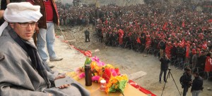 Chief Minister Omar Abdullah addressing party supporters after filing his nomination papers at Beerwah on Thursday.    —Excelsior/Amin War