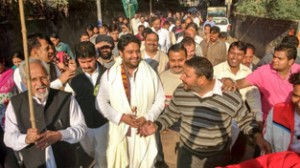 PDP candidate Bharat Chowdhary visiting old city areas in Jammu East on Friday.