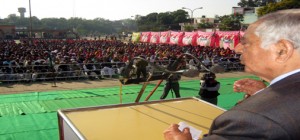 PDP patron Mufti Mohammad Sayeed addressing a public rally at Udhampur on Tuesday. -Excelsior/Pawan