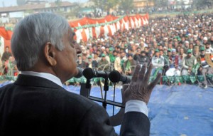 PDP patron Mufti Mohammad Sayeed addressing public gathering at Anantnag on Wednesday.