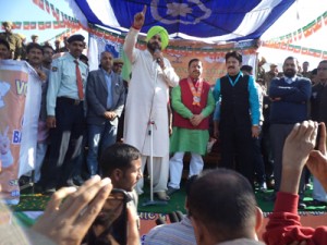 Navjot Singh Sidhu addressing a public rally at Pouni on Wednesday.        -Excelsior/ Mengi