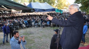 PDP patron Mufti Mohammad Sayeed addressing an election rally in Handwara on Wednesday.