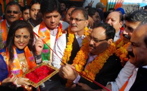 Union Minister J P Nadda inaugurating BJP poll office at Gandhi Nagar on Wednesday.