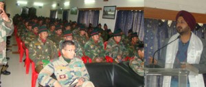 DC Leh Simrandeep Singh addressing soldiers at Leh on Tuesday. 