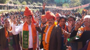 Union Minister Dr Jitendra Singh at an election rally with BJP's Doda candidate Shakti Parihar at Bhagwah on Sunday.