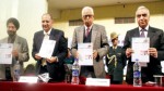 Governor N N Vohra, Dr Partap Bhanu Mehta and others releasing a newsletter of IIPA, J&K Chapter on Saturday.            -Excelsior/Rakesh