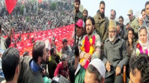 Ali Mohd Sagar and other NC leaders in public rally at Kulgam on Thursday.