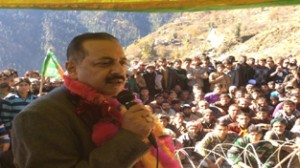 Union Minister Dr Jitendra Singh addressing a public meeting during his election tour in the interior areas of Ramban, Banihal and Inderwal Assembly constituencies on Friday.