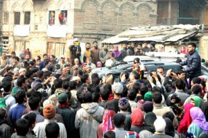 PDP president Mehbooba Mufti addressing a public gathering in Pulwama on Wednesday.