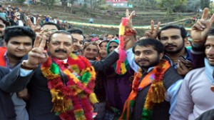 Union Minister Dr Jitendra Singh at an election meeting at Judda in Gool Arnas on Friday.