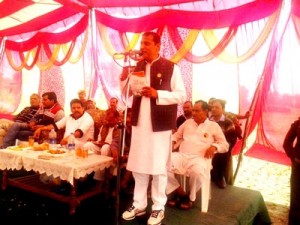 Cong candidate from Akhnoor Sham Lal addressing public rally at Garkhal on Thursday.