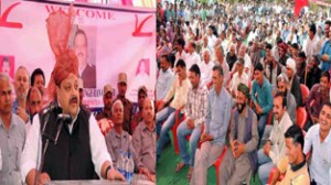 Provincial President Devender Singh Rana addressing public meeting at Nagrota on Sunday. 