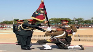 General Dalbir Singh presenting President’s Standards to 84 Armoured Regiment at Mamun Military Station on Wednesday.