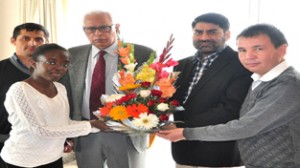 Governor, NN Vohra meeting with foreign scholars and Director ICCR, Balwant Thakur seen in picture.