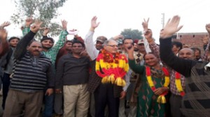 Independent candidate B R Kundal alongwith his supporters in R S Pura on Tuesday.