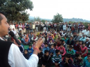 R S Pathania, BJP candidate from Ramnagar Assembly segment addressing public meeting on Thursday.