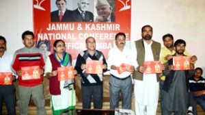 Rattan Lal Gupta, Satwant Kaur Dogra and others releasing election agenda at Samba.