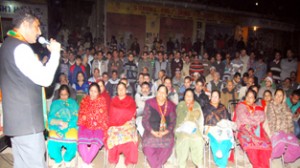 Pawan Khajuria addressing public meeting at Udhampur on Tuesday.